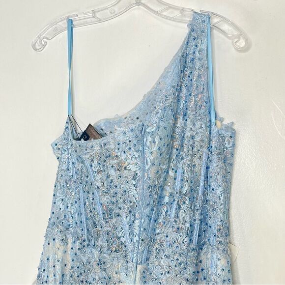 Mac Duggal 48910 One Shoulder Lace Corset Mermaid Dress, Powder Blue, Size 14 - Picture 9 of 12